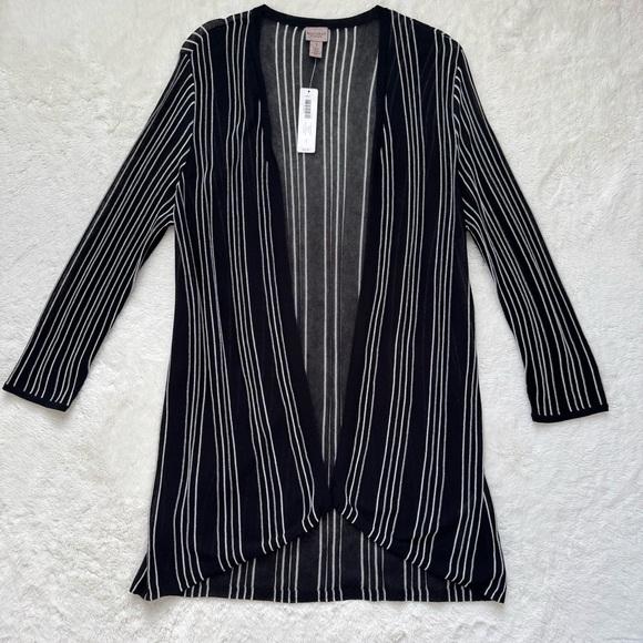 Chico’s Easywear Cardigan Women Size 1 (M/8) Black Stripe Sheer Boho‎ Beach NWT - Picture 1 of 10